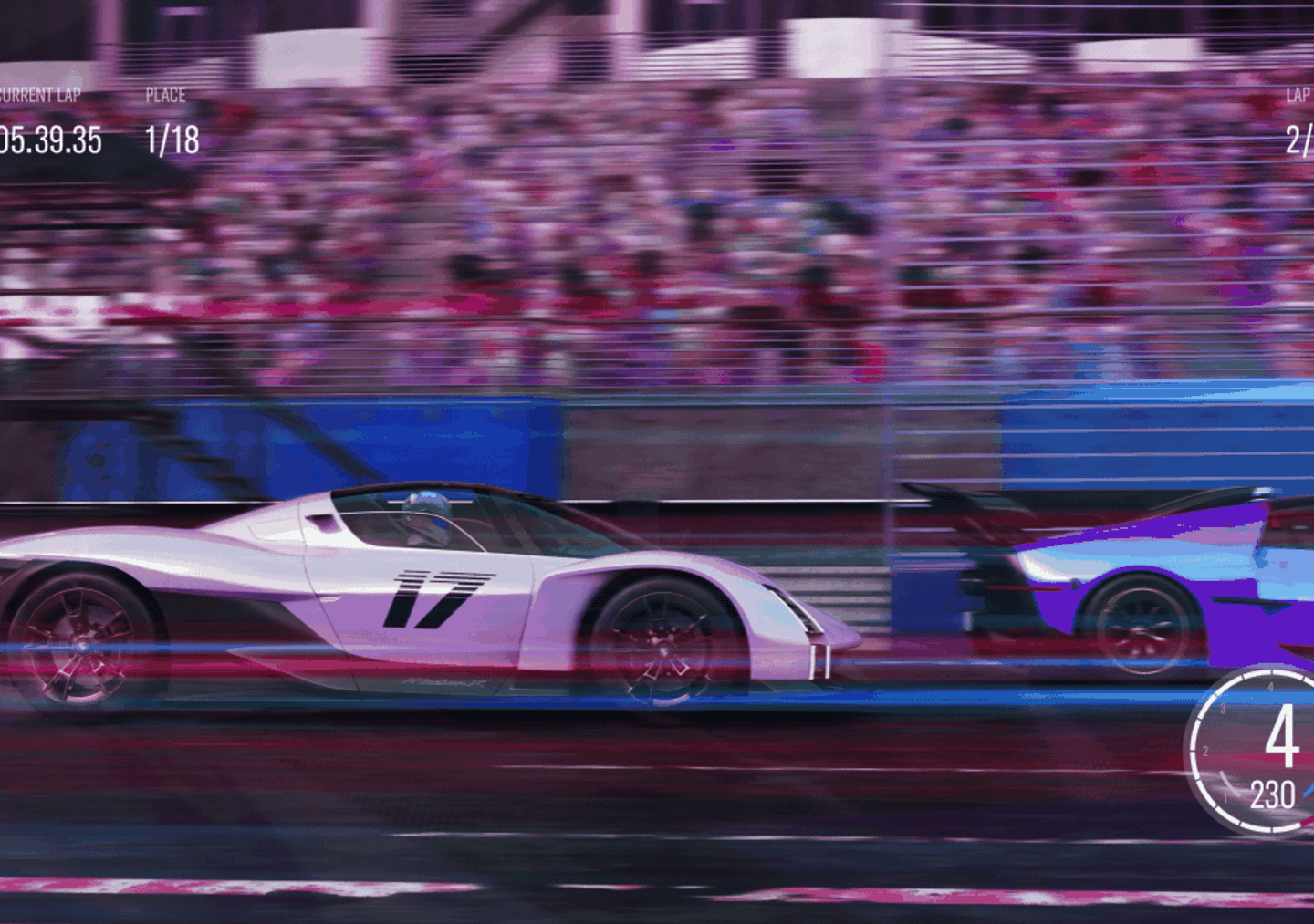 High-speed racing video game scene featuring a purple and white sports car speeding through a futuristic neon-lit track, surrounded by vibrant blue, pink, and purple motion blur effects.