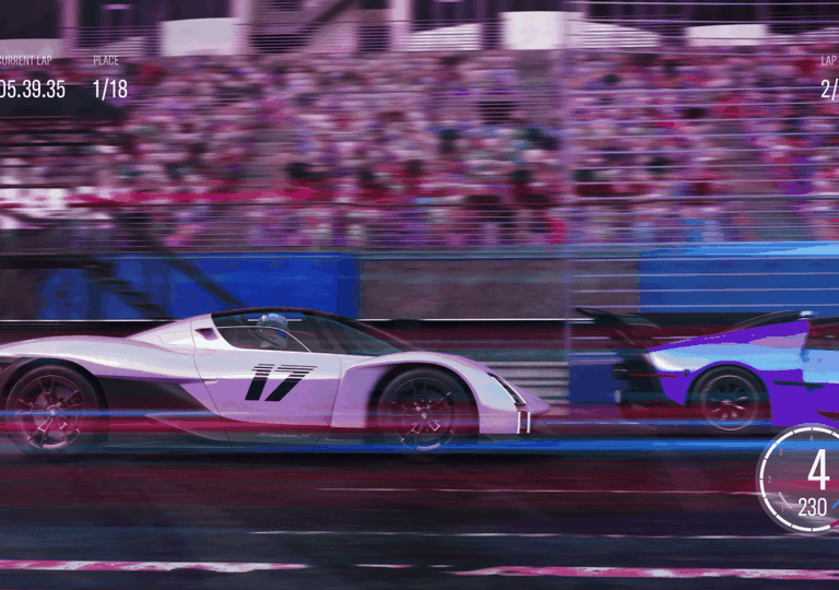 High-speed racing video game scene featuring a purple and white sports car speeding through a futuristic neon-lit track, surrounded by vibrant blue, pink, and purple motion blur effects.