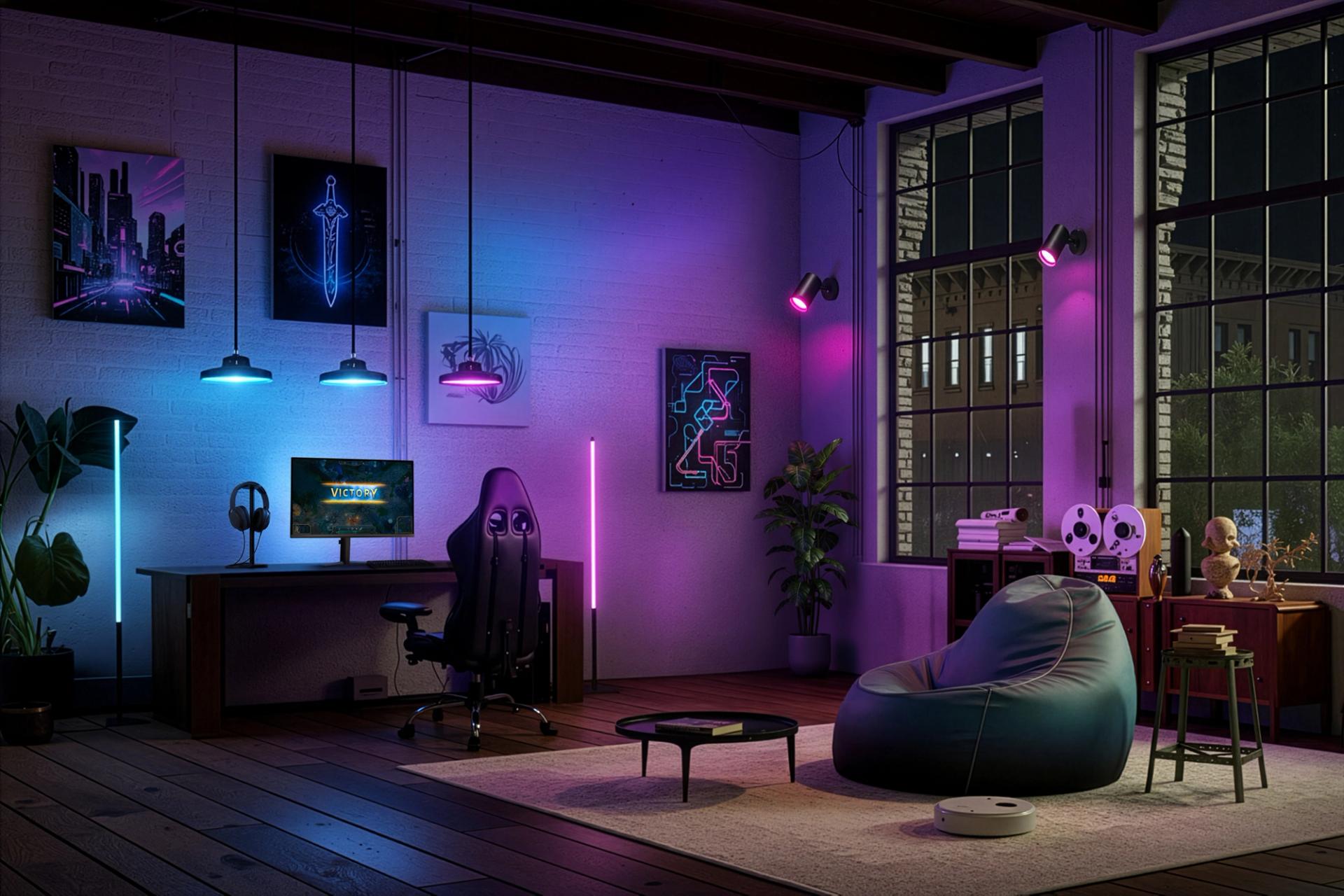 Modern gaming room with ambient lighting synchronised to on-screen content, creating an immersive atmosphere