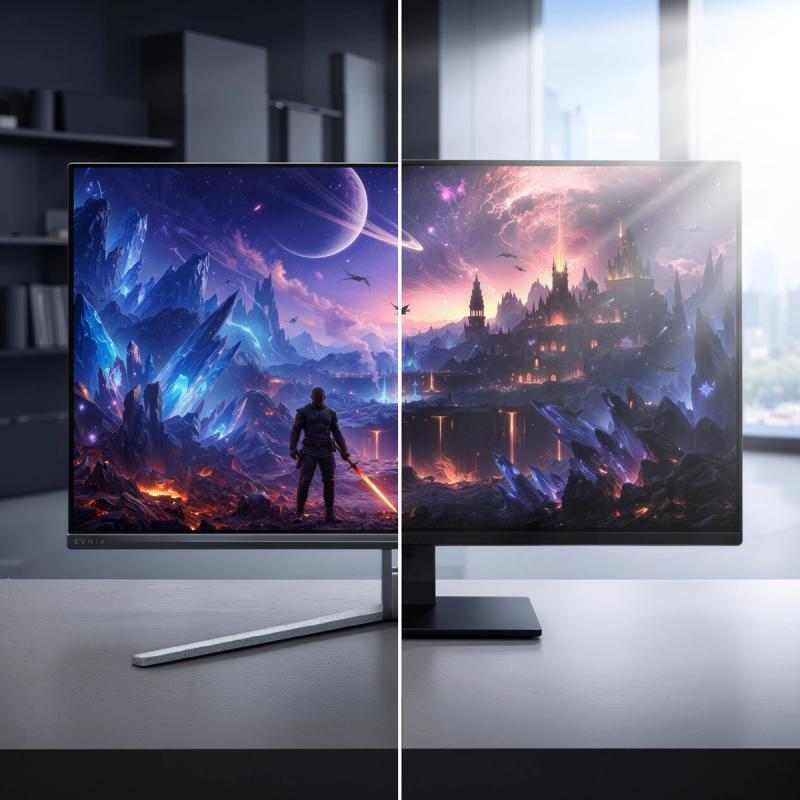 Split screen of Evnia monitor with anti-reflection compared with a standard monitor which has a glare blocking the image
