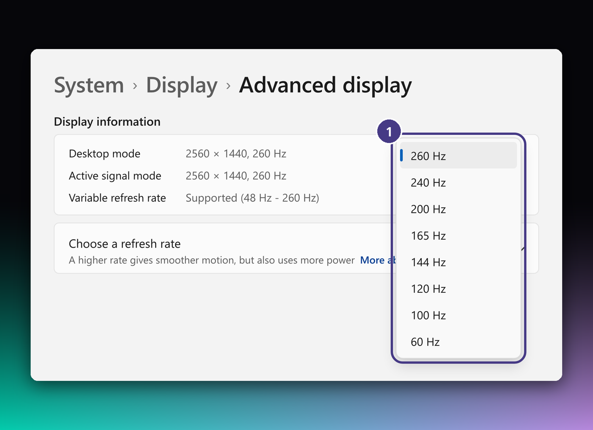 Windows Advanced Display settings showing how to select a 260 Hz refresh rate after enabling Overclock on a Philips Evnia monitor.  Copy alt text