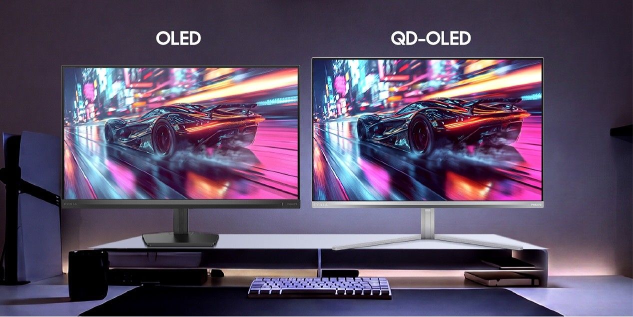 An OLED and a QD-OLED Philips Evnia monitor sitting side-by-side