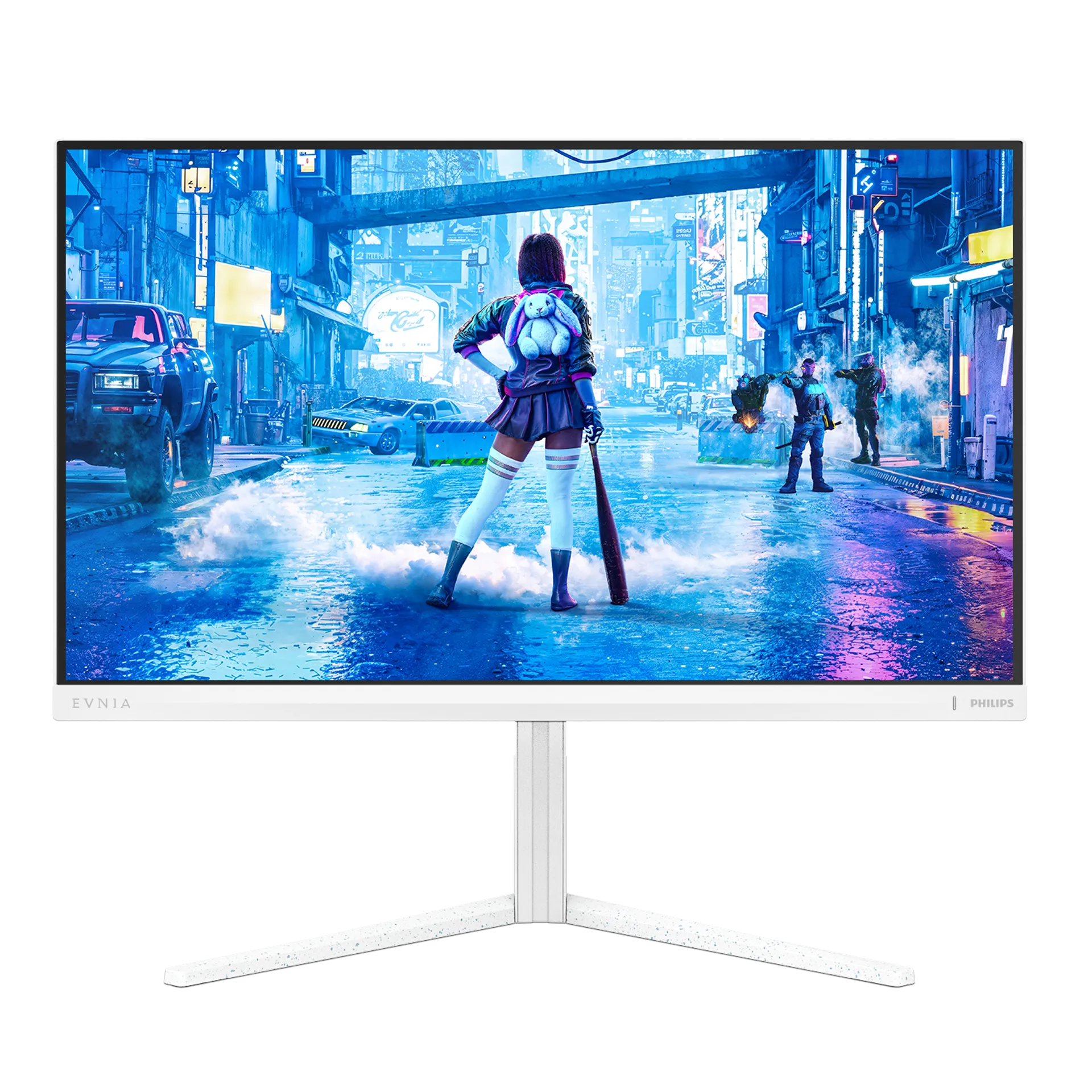 Philips Evnia 27M2N5201P Gaming-Monitor mit Cyberpunk-Spielszene, weißem Standfuß und ultradünnen Displayrändern