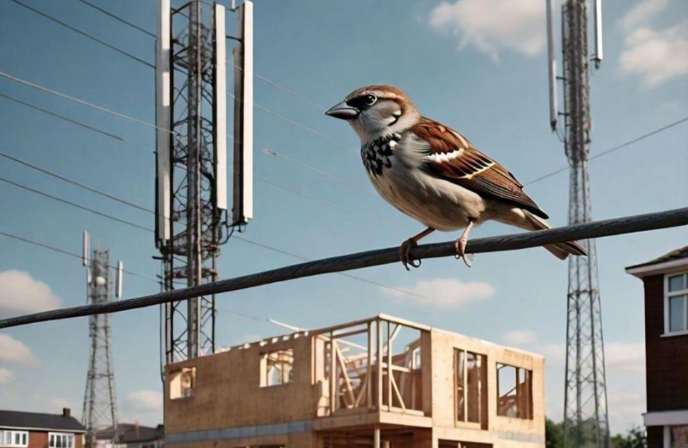A close-up of a house sparrow perched on a thick power line in a developing urban area. In the background, three tall cell phone towers stand against a clear blue sky with light clouds. Below the bird, a new house is under construction with its wooden frame exposed, and finished brick houses are visible on the far right and left.