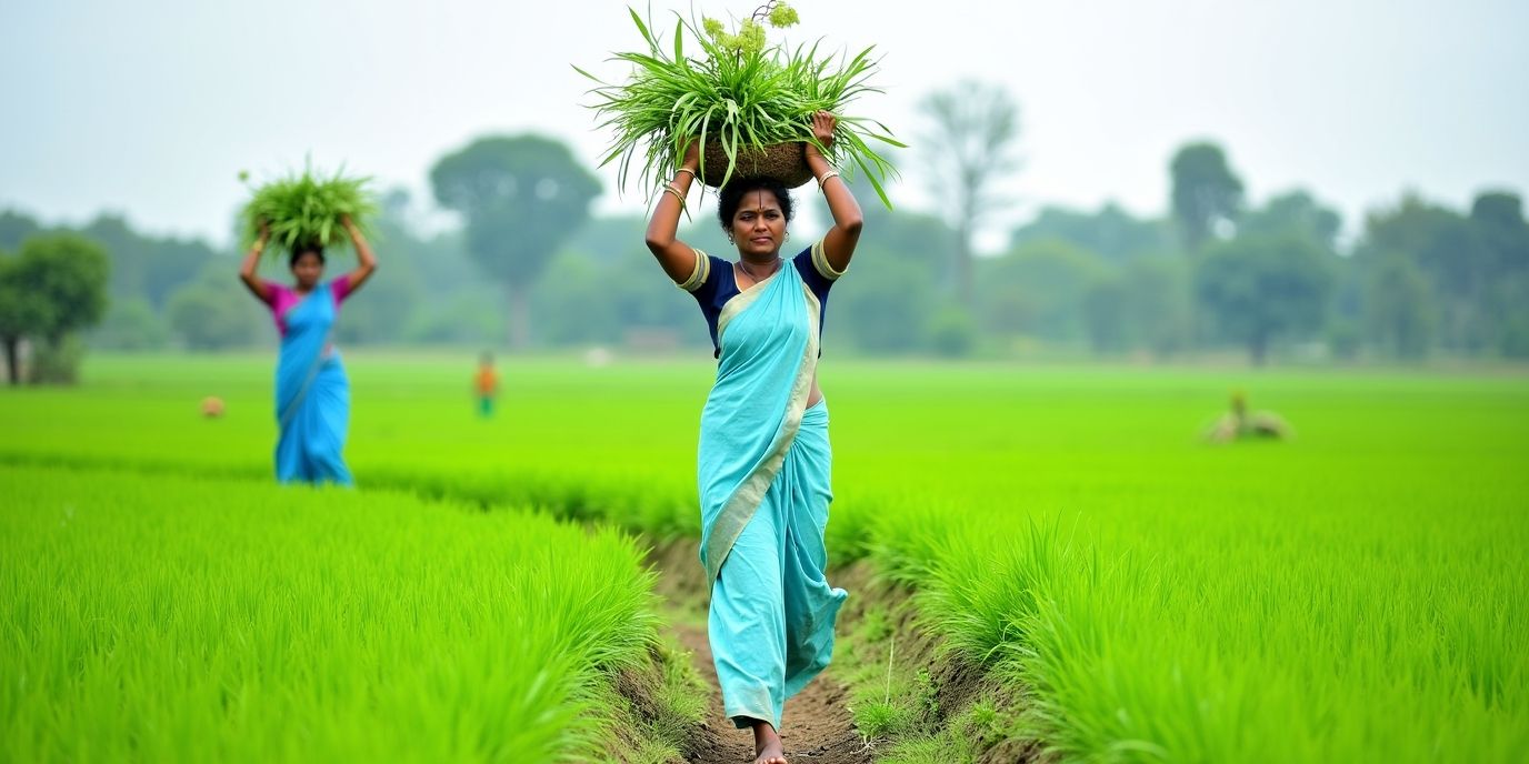 Women sugarcane workers walking through arid fields carrying tools, symbolizing climate-driven labor and reproductive sacrifice.