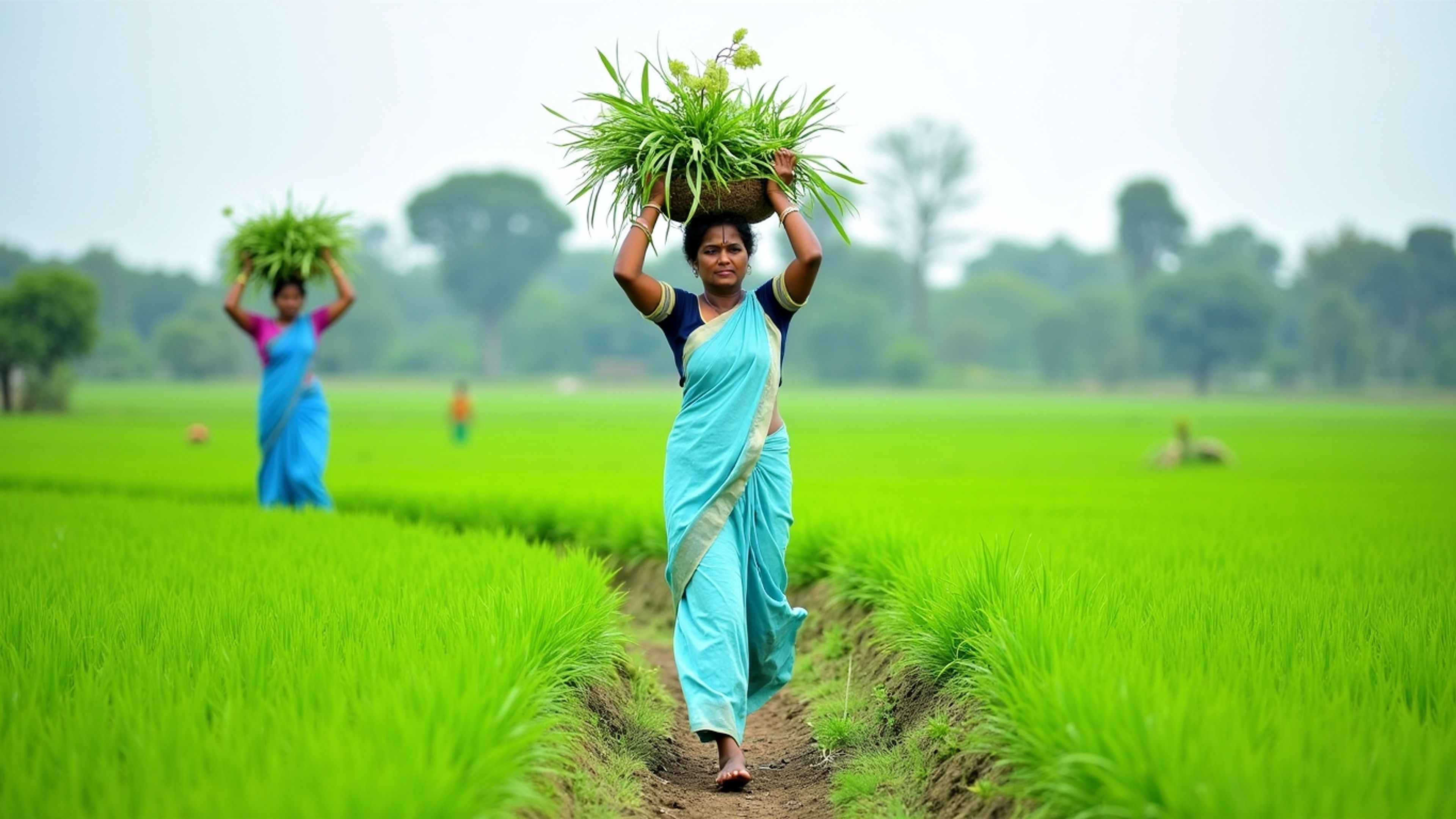 Women sugarcane workers walking through arid fields carrying tools, symbolizing climate-driven labor and reproductive sacrifice.