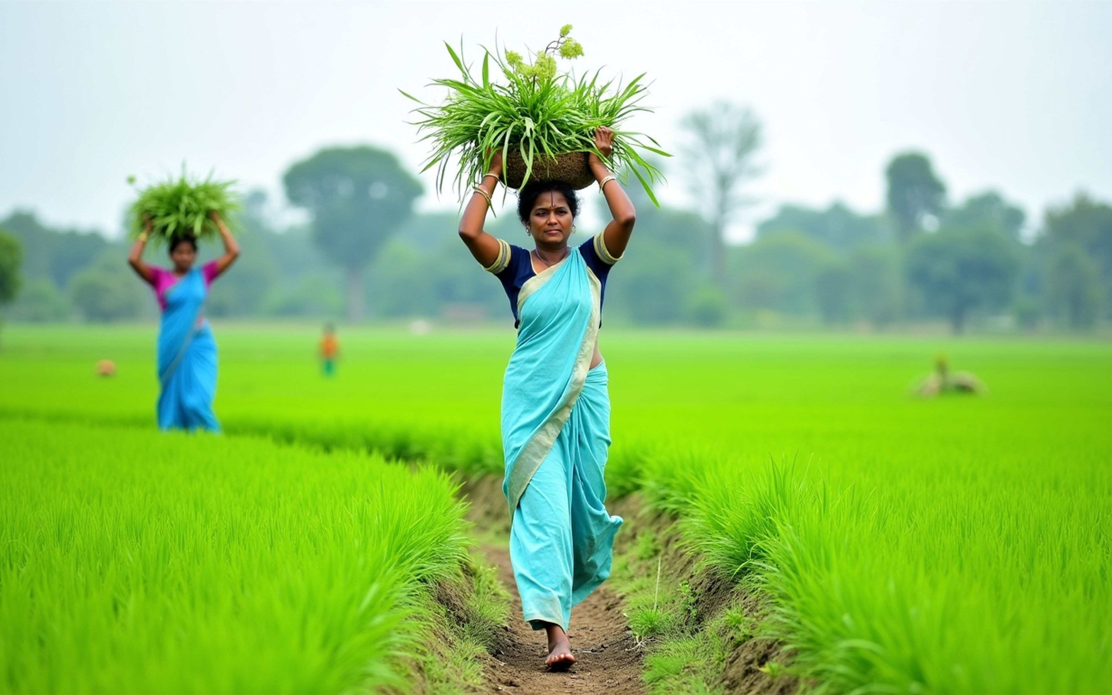 Women sugarcane workers walking through arid fields carrying tools, symbolizing climate-driven labor and reproductive sacrifice.