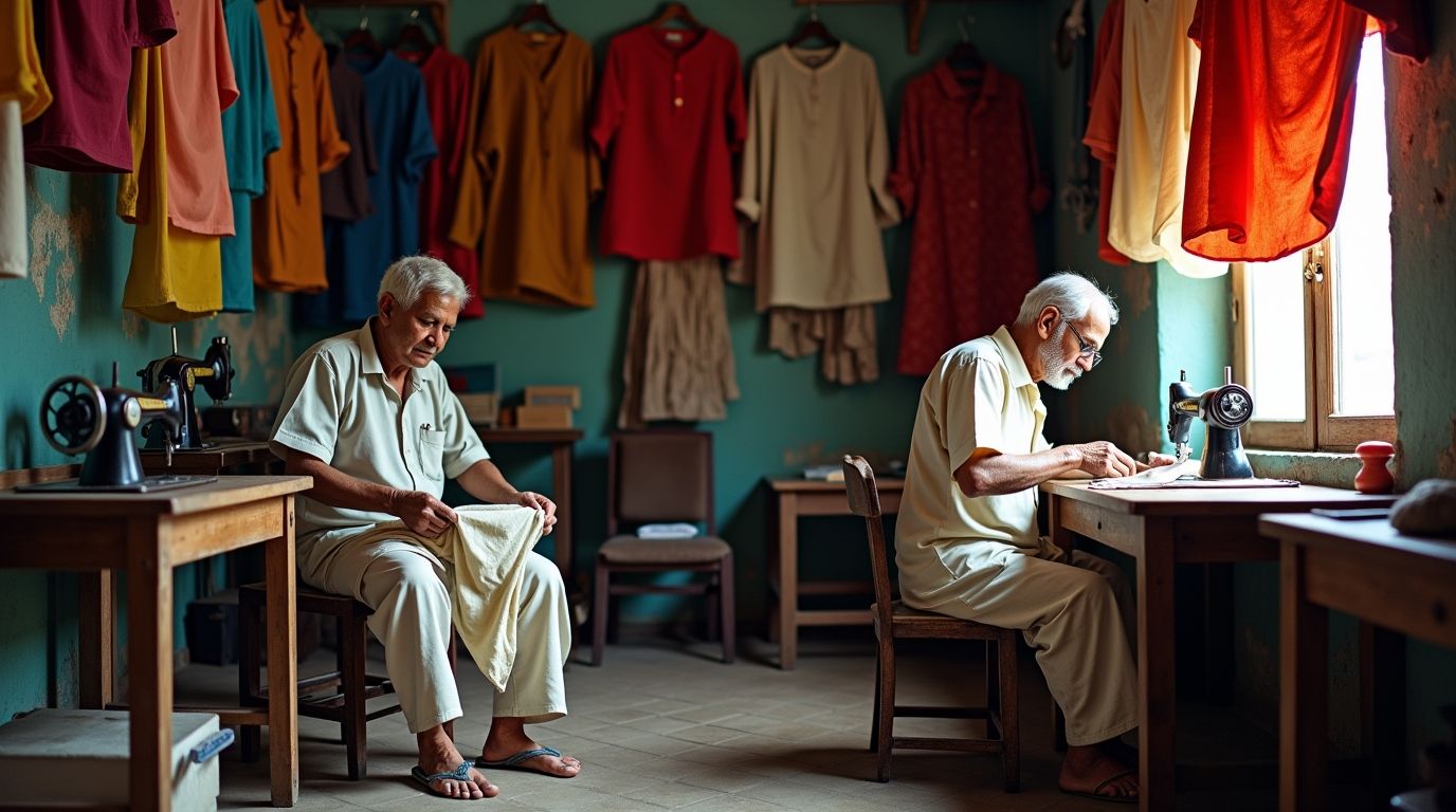 A rack of colorful secondhand and upcycled garments showcasing sustainable fashion choices