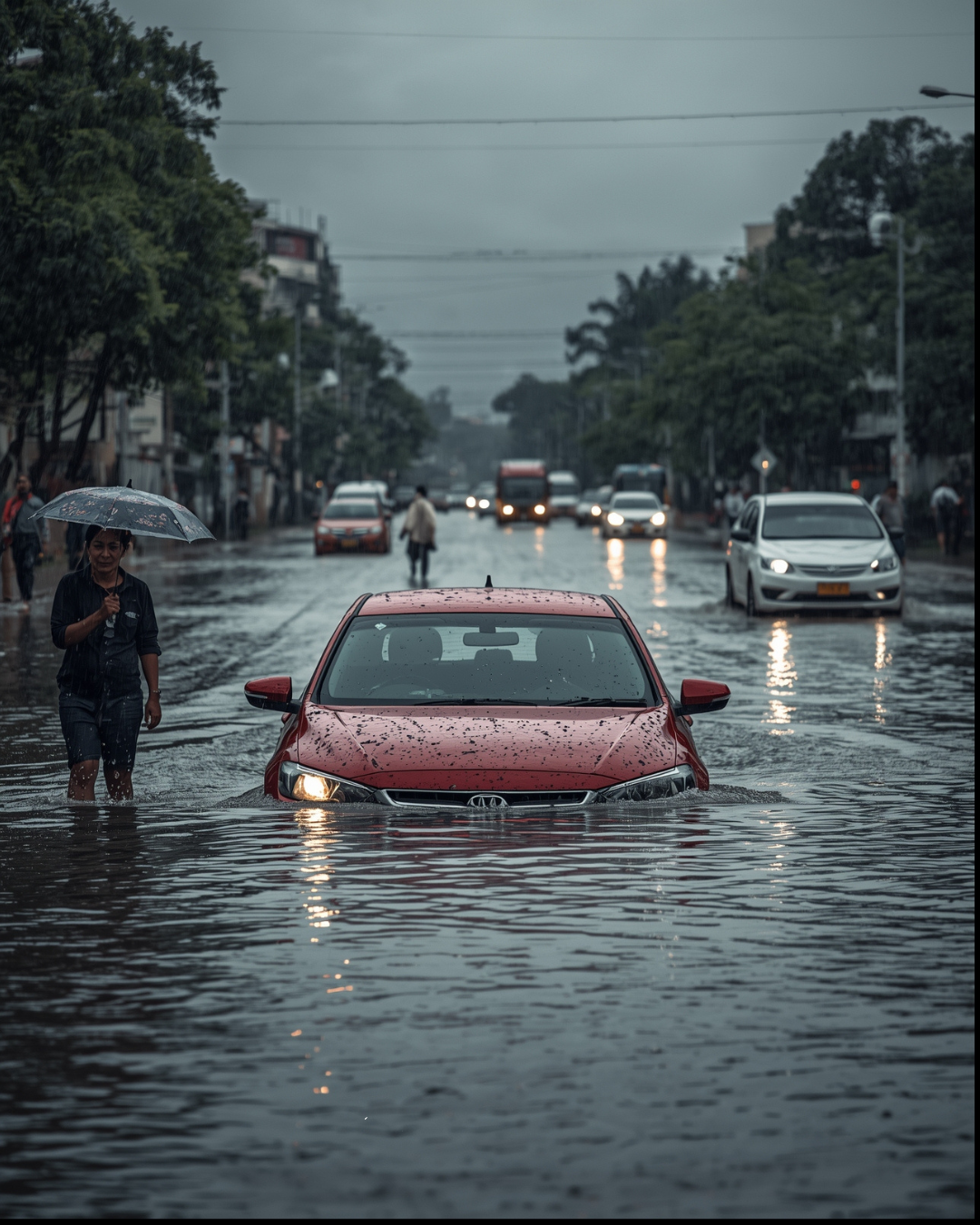 City street flooded with rainwater reflecting buildings, illustrating urban flooding and sustainable water management