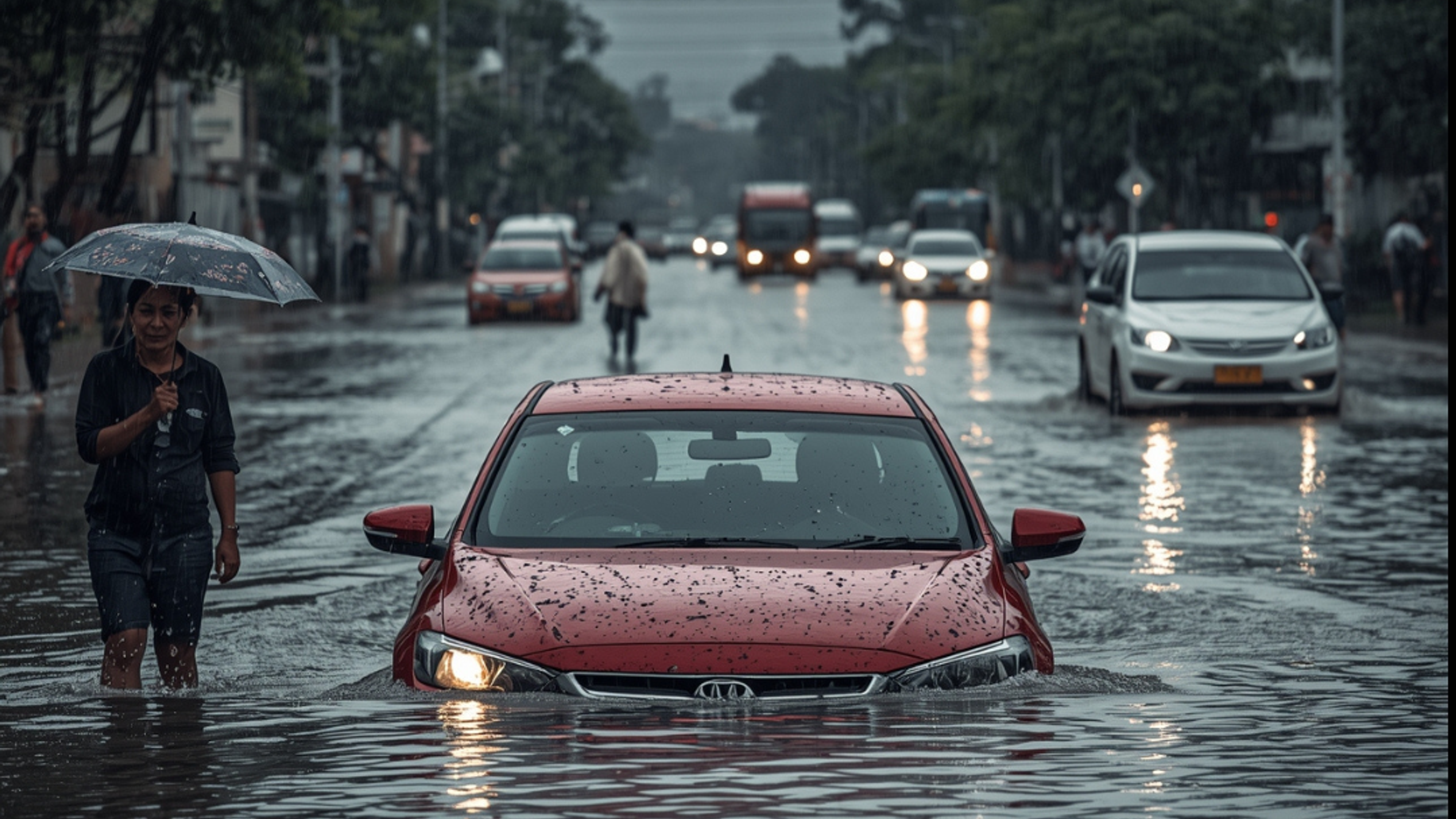 City street flooded with rainwater reflecting buildings, illustrating urban flooding and sustainable water management