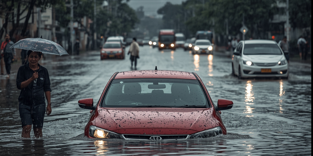 City street flooded with rainwater reflecting buildings, illustrating urban flooding and sustainable water management