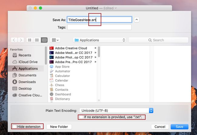 Screenshot highlighting steps 9, 10, and 11 of creating an SRT file