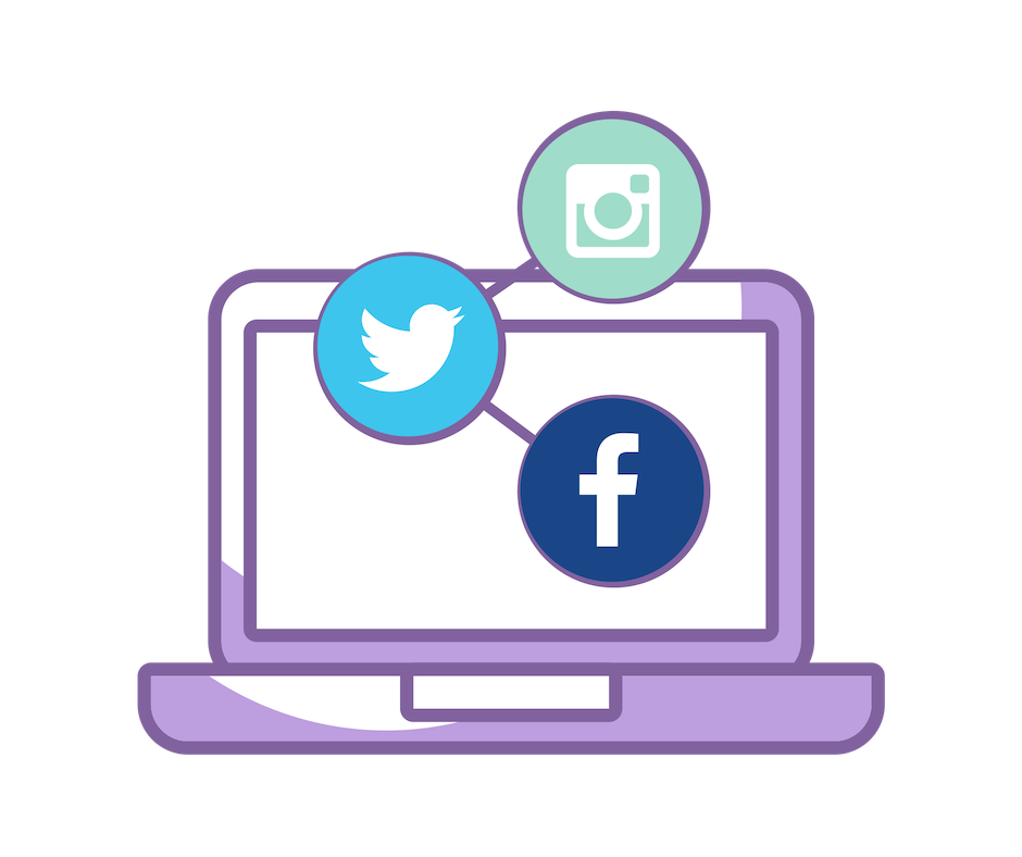laptop with twitter, instagram, and facebook icons