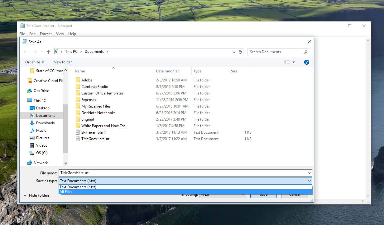 Screenshot showing the steps creating an SRT file