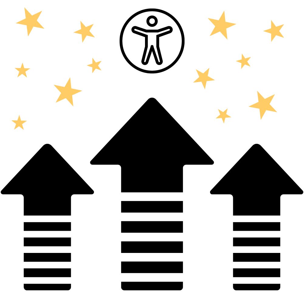 Three arrows pointing up at an accessibility symbol surrounded by stars