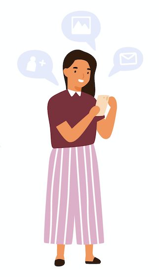 woman watches video on her phone and shares it with social network