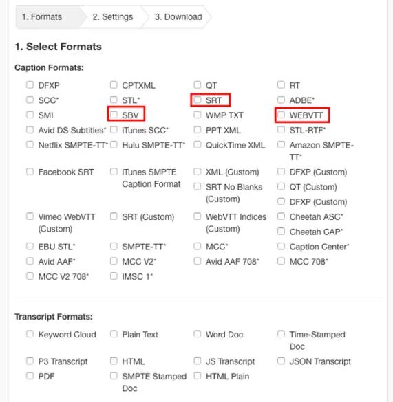 Screenshot Select Formats with SBV, SRT, and WEBVTT Caption Formats selected