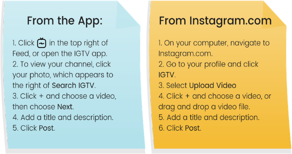From the app: Click IGTV logo in the top right of Feed, or open the IGTV app. To view your channel, click your photo, which appears to the right of Search IGTV. Click the plus sign and choose a video, then choose Next. Add a title and description. Click Post. From Instagram.com: On your computer, navigate to Instagram.com. Go to your profile and click IGTV. Select Upload Video Click the plus sign and choose a video, or drag and drop a video file. Add a title and description. Click Post.