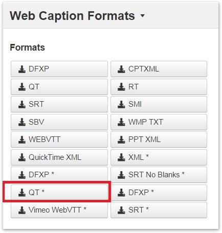 QT selected in Web Caption Formats window