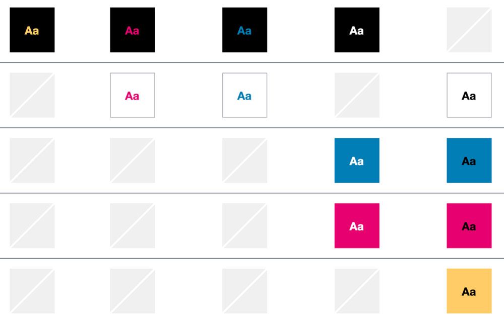 A grid of squares with background colors in black, white, blue, pink, and yellow. Text of