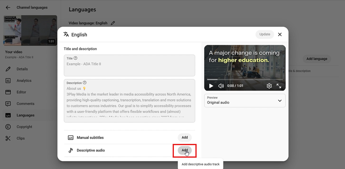 YouTube video descriptive audio page