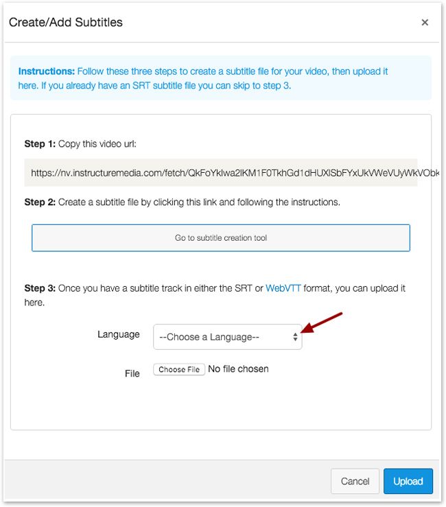 Screenshot in Canvas of Create/Add Subtitles window. Arrow points to Language drop down