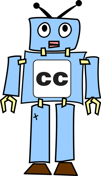 Drawn robot with a captioning logo