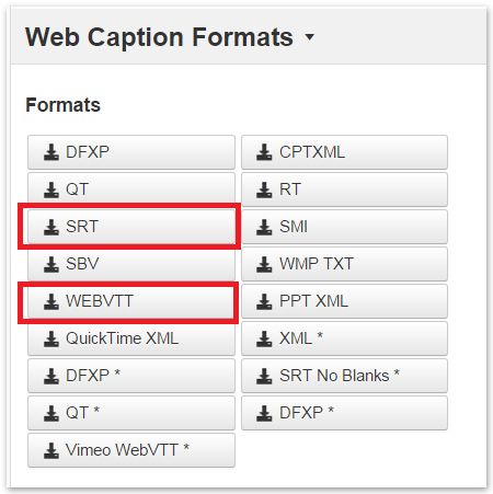 Screenshot of Web Caption Formats with SRT and WebVTT selected