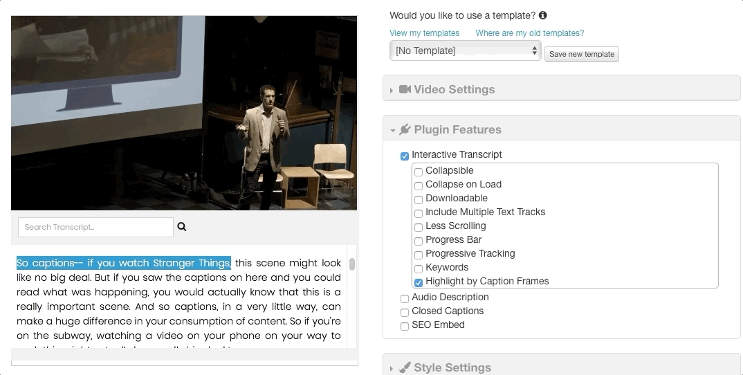 example of highlight by caption frames feature in interactive transcript