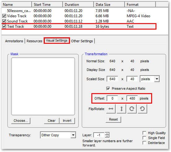 Screenshot with Text Track selected, Visual Settings selected, and Offset: 0x480 pixels