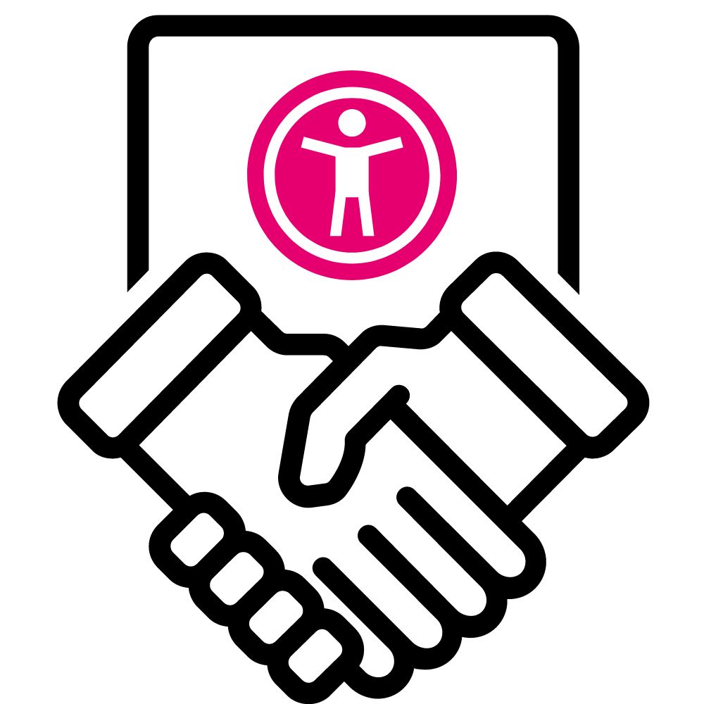 Hands shaking over a document with an accessibility symbol