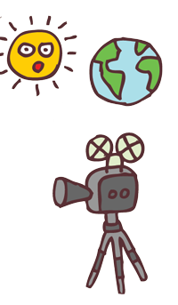 icon of a sun, video camera and world map
