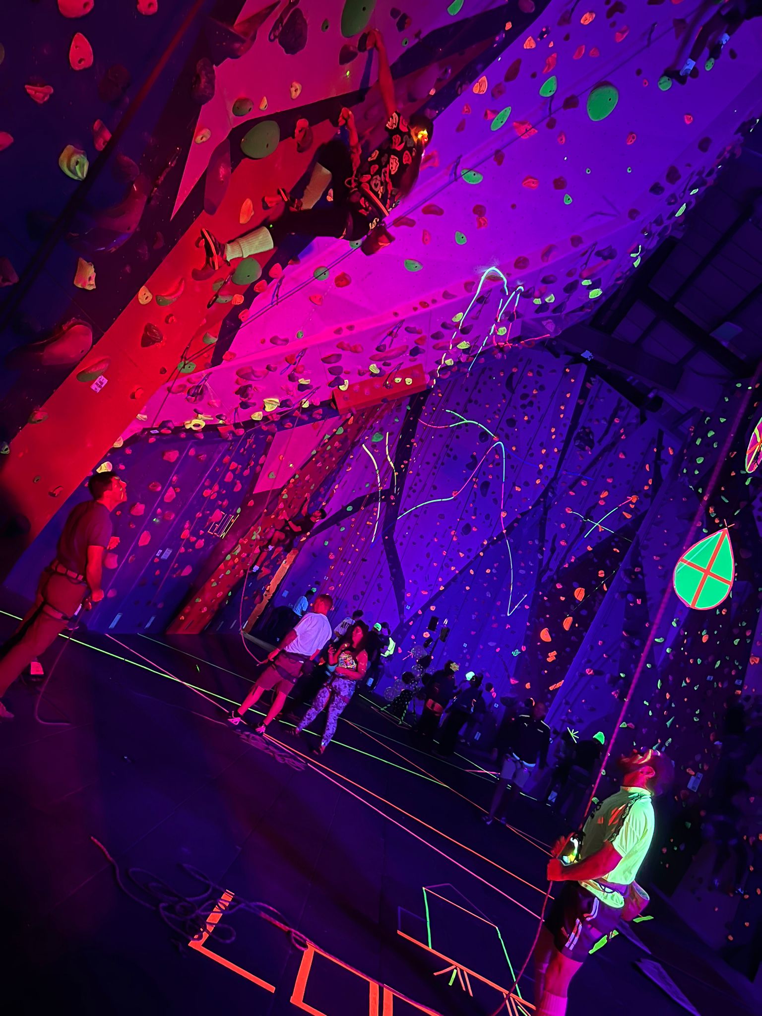 The Pinnacle climbing walls lit up under UV lights
