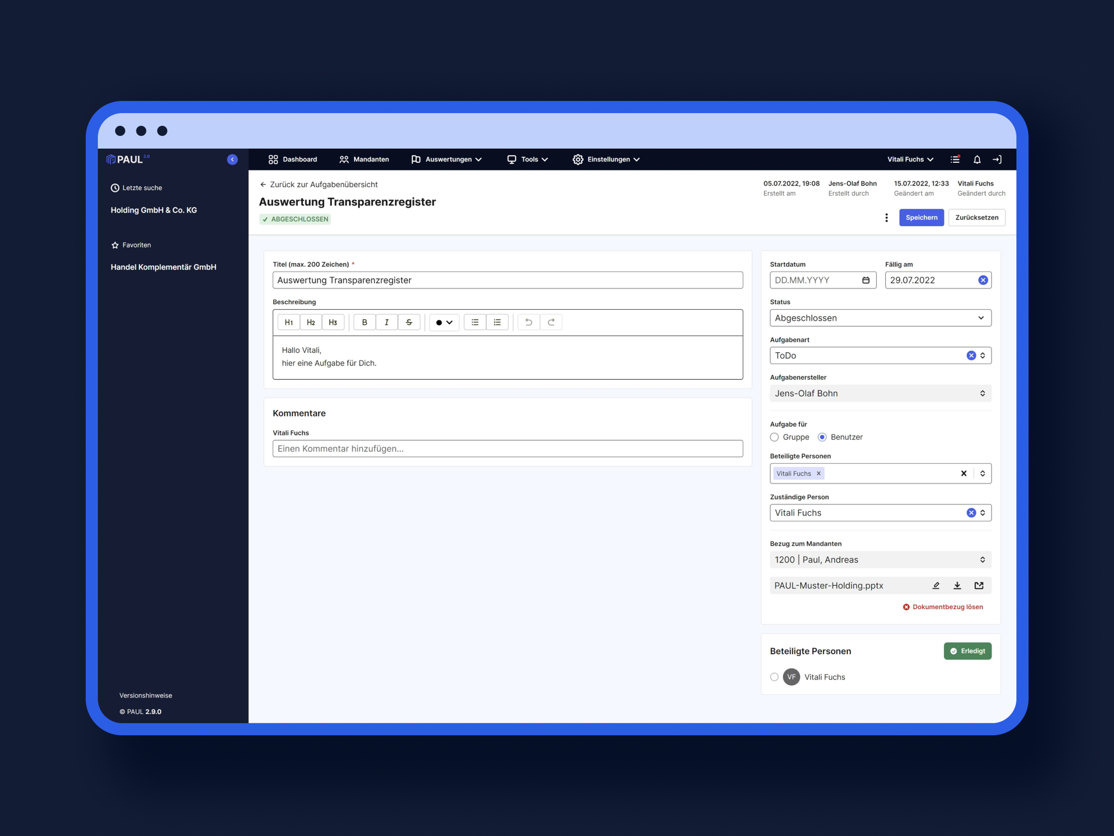 Bildschirmansicht einer IT-Anwendung zum Aufgabenmanagement mit Eingabefeldern und Benutzeroptionen.