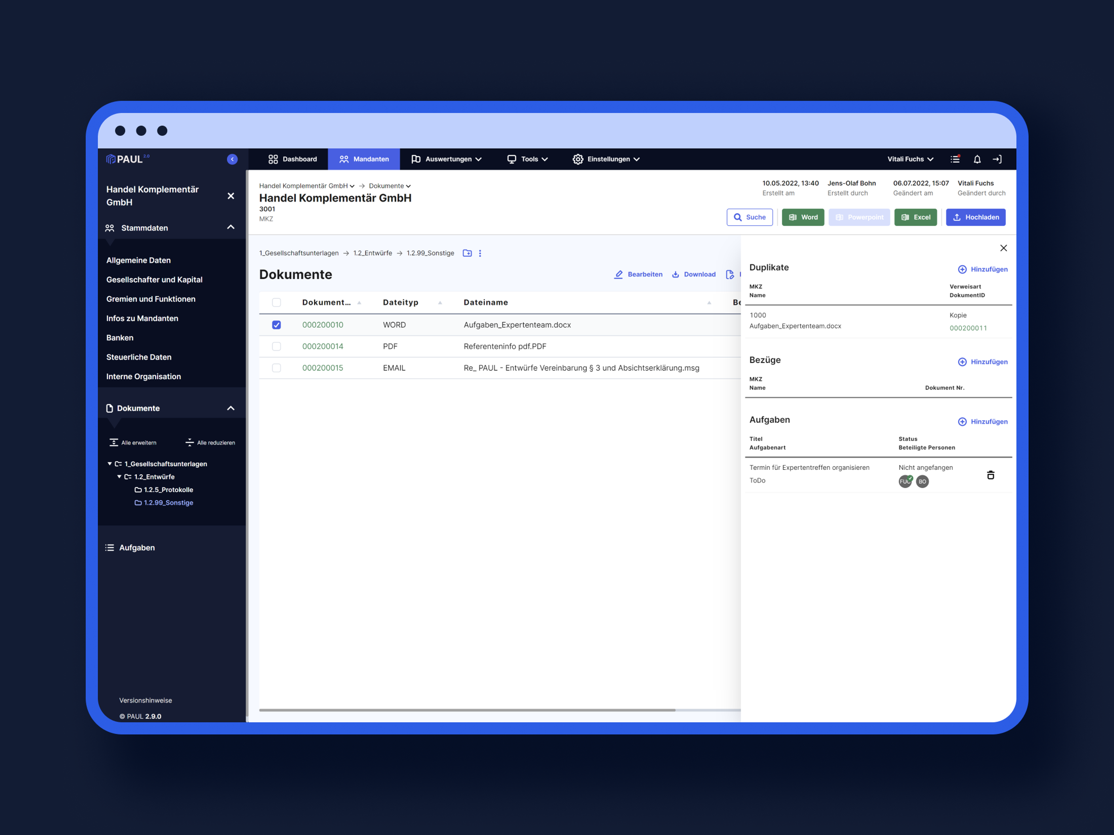 Benutzeroberfläche der Dokumentenverwaltung mit Liste von Dokumenten und Aufgaben.