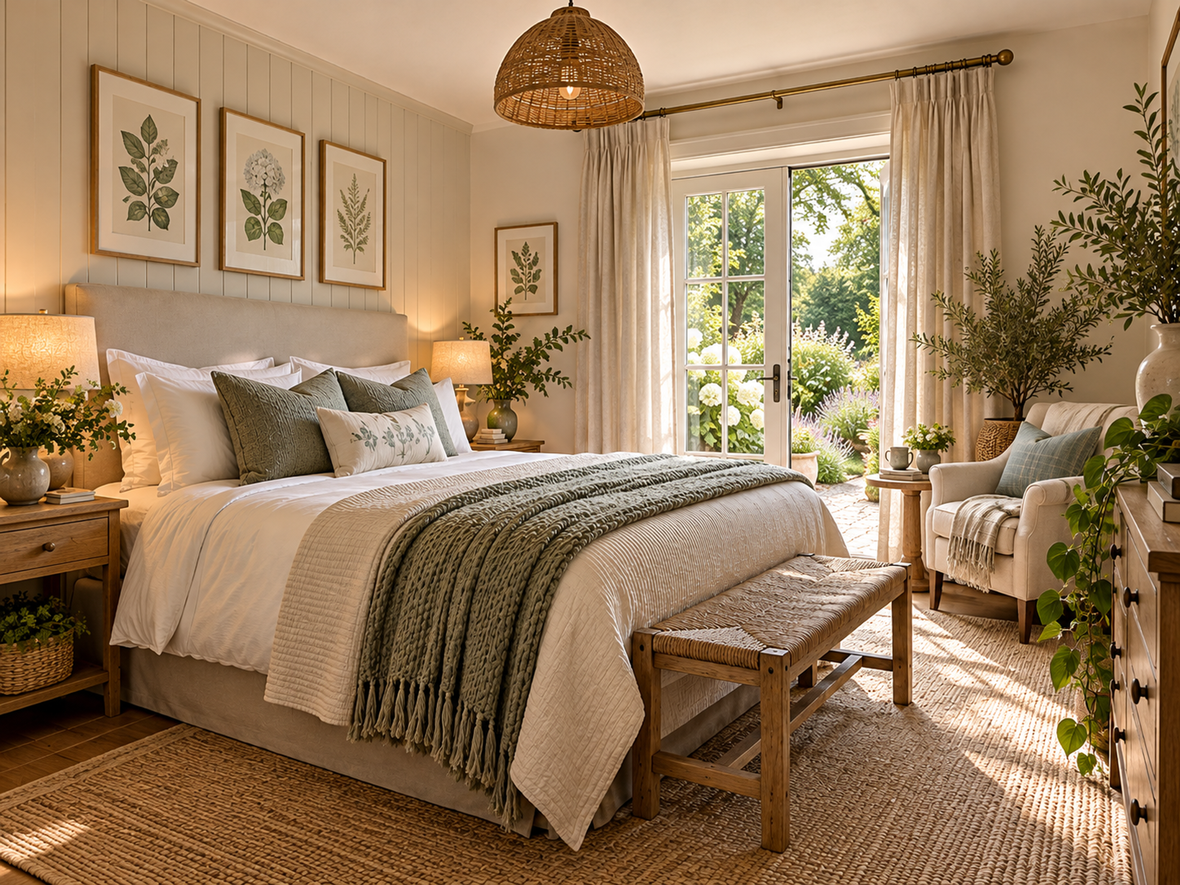 Bedroom with French doors opening onto a garden of hydrangeas and lavender