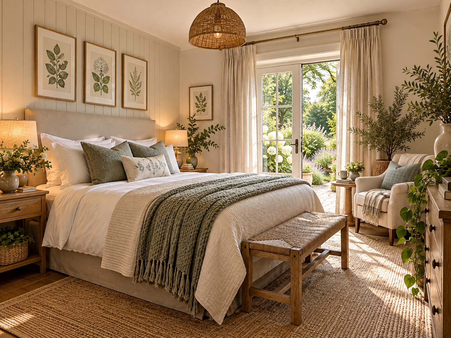 Bedroom with French doors opening onto a garden of hydrangeas and lavender