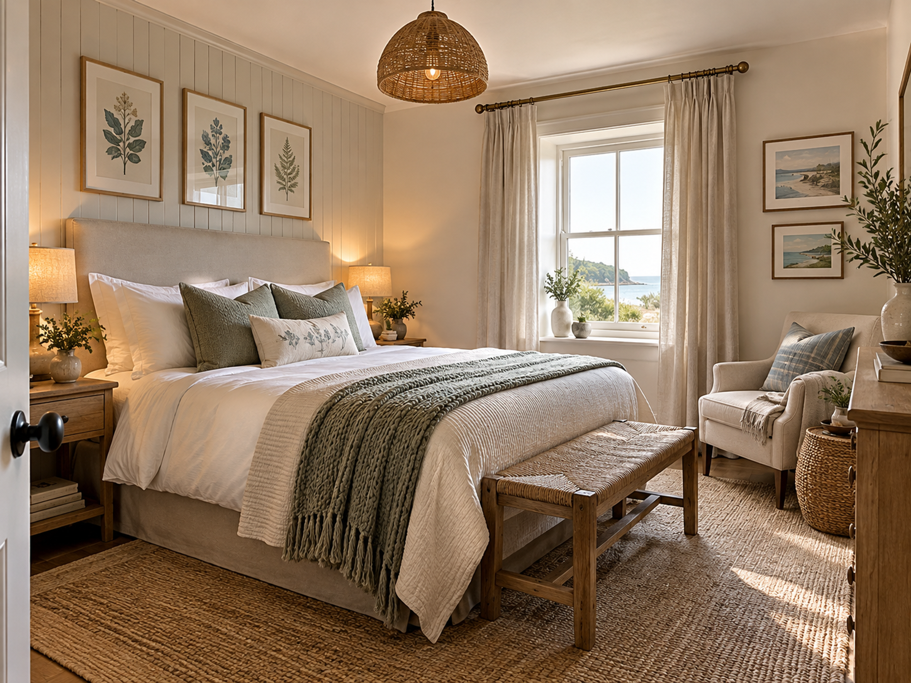 Snug bedroom with botanical prints and a window glimpsing the sea