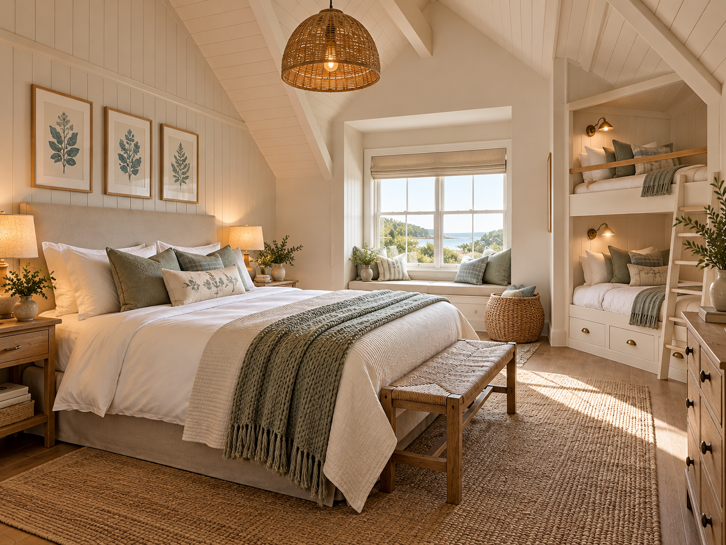 Attic bedroom with a double bed, built-in bunk beds and a window seat looking out to sea