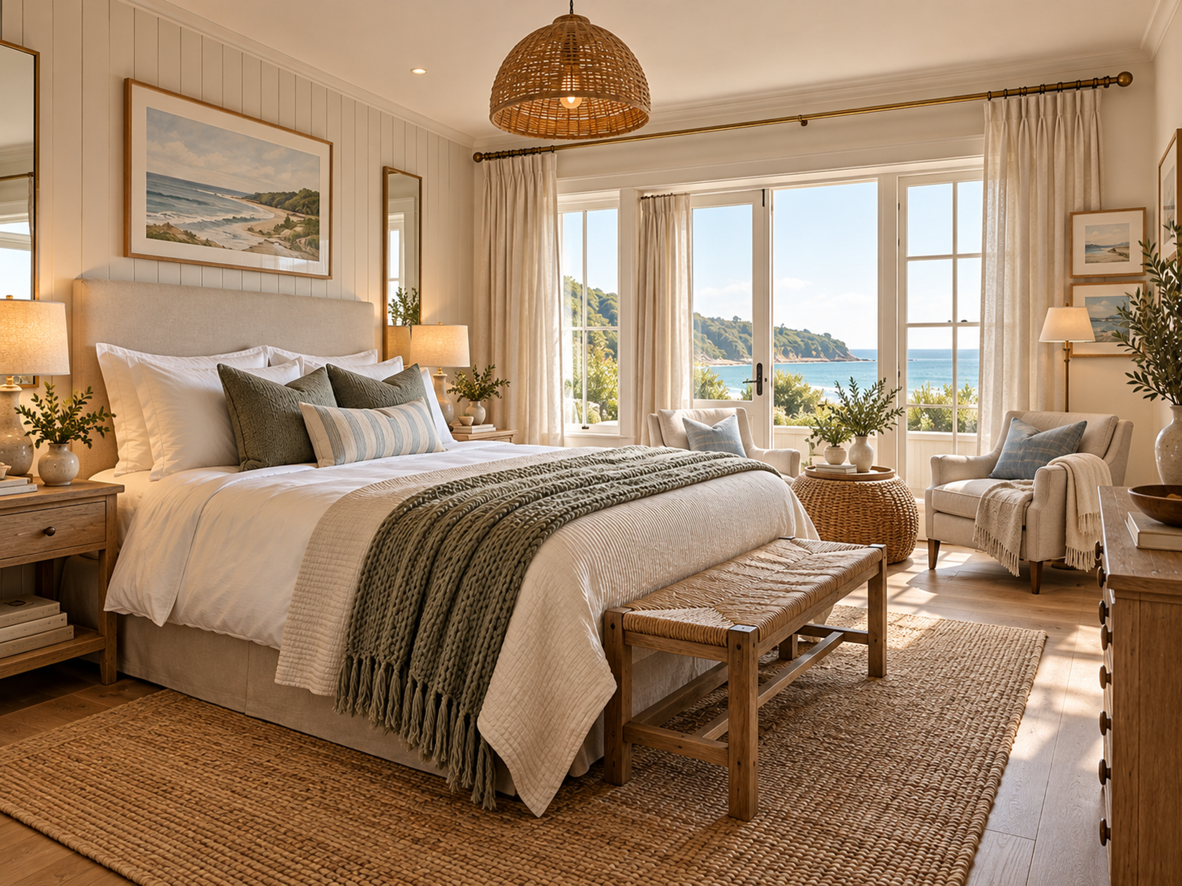 Bright bedroom with French windows opening onto a sweeping sea view