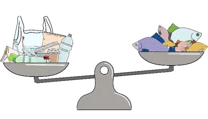 Scale weighing plastic waste against fish