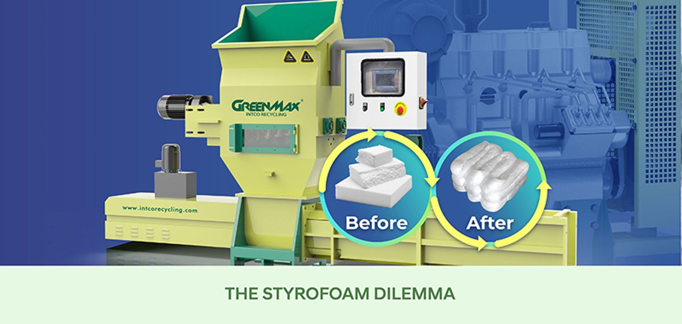GREENMAX compactor machines that compress waste foam blocks to 1/50 of their original volume in minutes