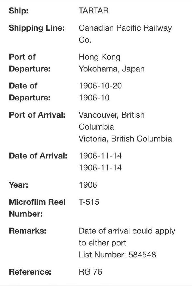 image detailing Mehmi's ship journey to Canada 