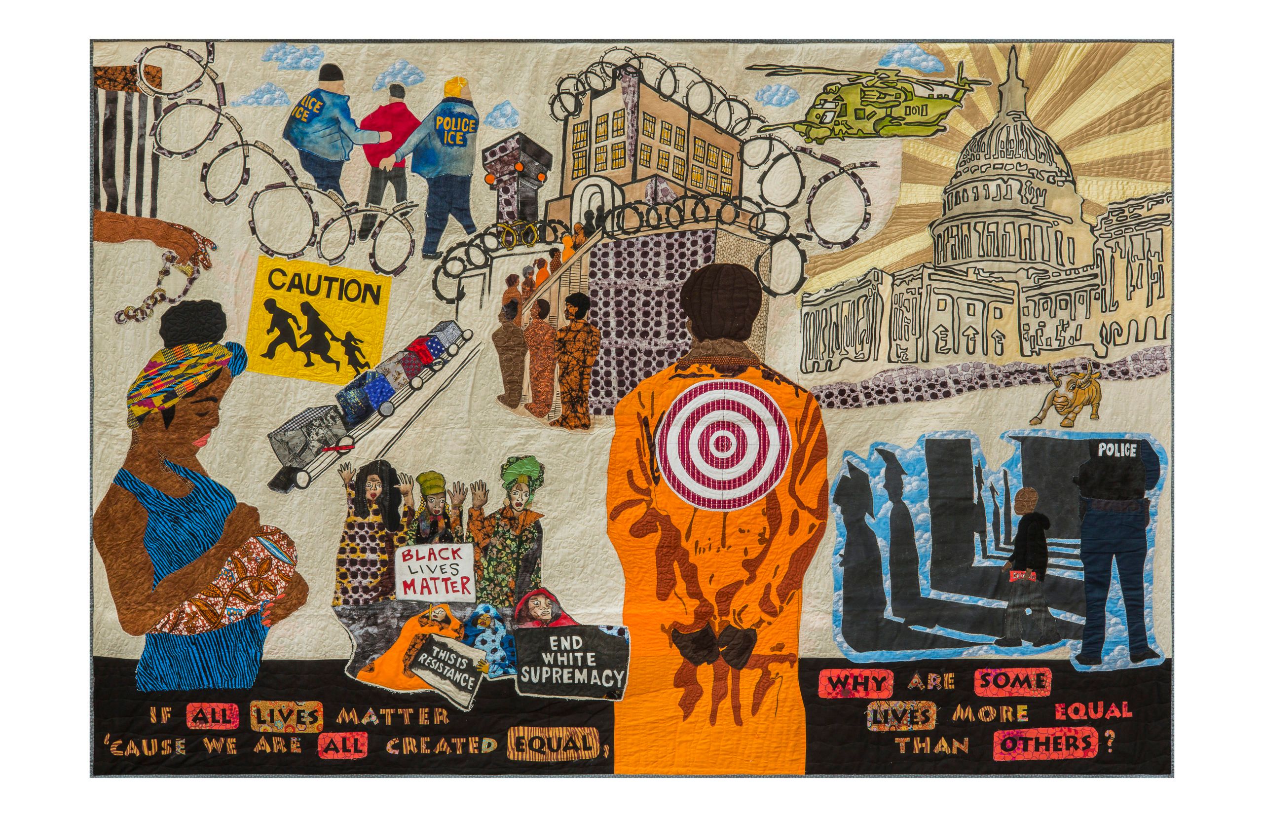 Image of an incarcerated person with a target on their back, the police state, and black and brown people