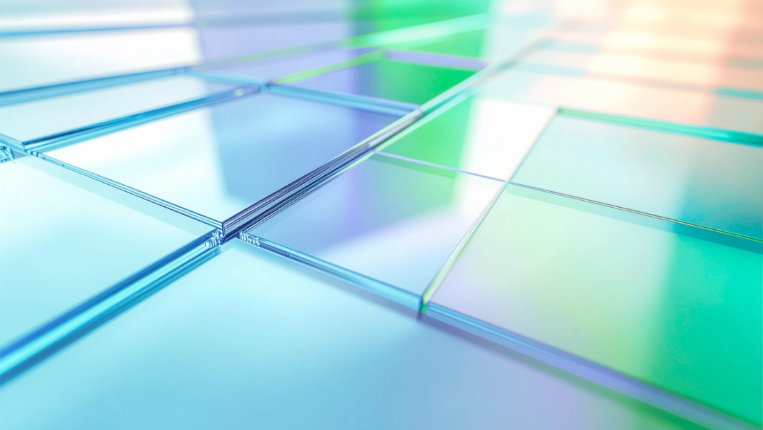 A grid of glass squares reflecting green and blue.