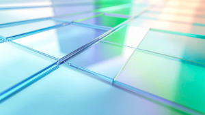 A grid of glass squares reflecting green and blue.