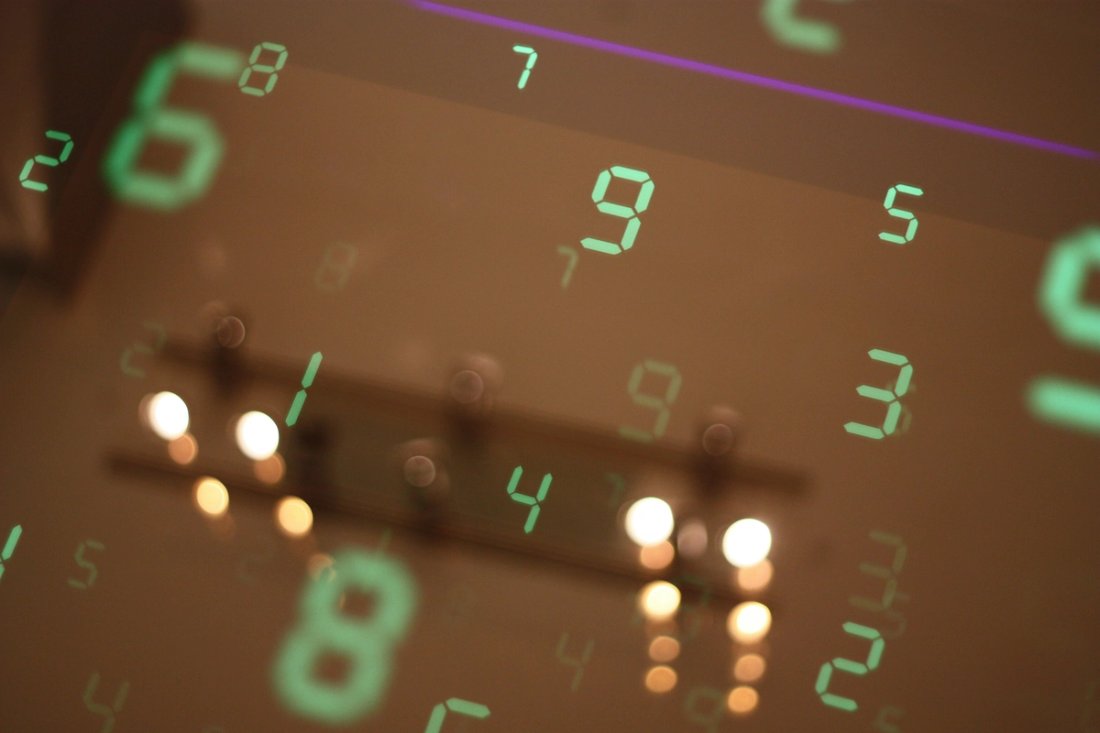 A dark background with green digital numbers 