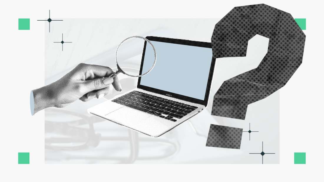 A graphical collage with a laptop and a question mark.