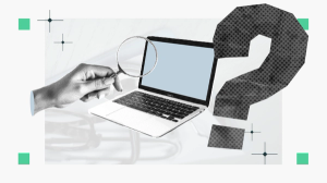 A graphical collage with a laptop and a question mark.