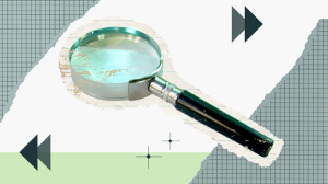 A collage graphic with a magnifying glass in the center.